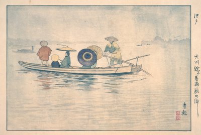 小川のほとりの春の雨：渡船 作： Kiyochika Kobayashi