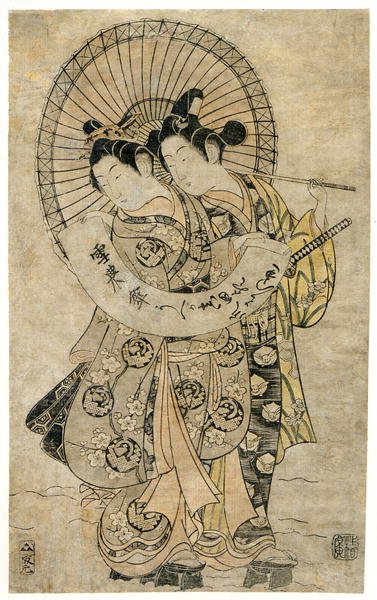 詩が書かれた紙を持って雪の中に立つ恋人たち（木版画） 作： Kiyohiro Torii