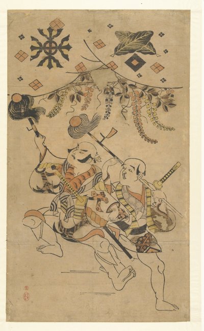 ヤッコ役の初代中村傳九郎と坂東又九郎が槍舞を披露 作： Kiyonobu (I) , Torii (attributed to)