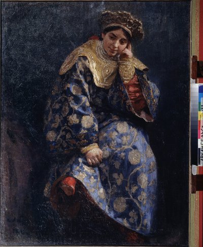 ボヤールの娘（Boiard、boiar）（ボヤールの娘）。 1598 年から 1613 年にかけてのトラブルの時代の、伝統的なロシアの若い貴婦人の肖像画。Klavdi Vasilyevich Lebedev (1852-1916) による絵画、キャンバスに油彩 作： Klavdiy Vasilievich Lebedev