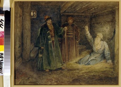 Le tsar Ivan IV le ひどい (1530-1584) et Maliouta Skouratov (mort en 1573) 訪問者 le Boyard (boiard, boiar) Morozov (?) 刑務所。 (皇帝イワン 4 世とマリュタ スクラトフがボヤール モロソフを訪問)。 Peinture de Klavdi Vasilyevich Lebedev (1852-191) 作： Klavdiy Vasilievich Lebedev
