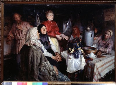 家への訪問（ホームビジット）。 Klavdi Vasilyevich Lebedev（1852-1916）による絵画、キャンバスに油彩 作： Klavdiy Vasilievich Lebedev