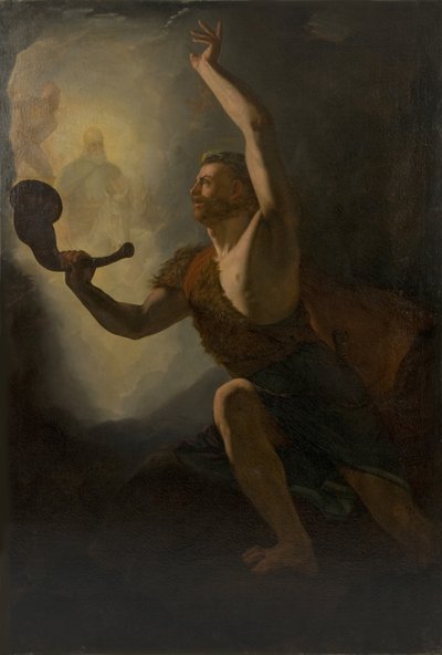 ヘイムダルは神々を戦いに召喚する , 1828. 作： Knud Baade