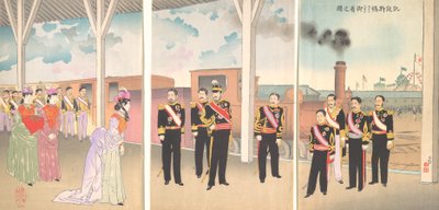 勝利の盃を掲げて新橋駅に到着した天皇陛下の図...1895年。 作： Kobayashi Kiyochika