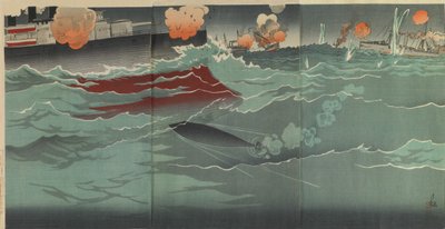 旅順大海戦で魚雷がロシアの軍艦に命中 作： Kobayashi Kiyochika