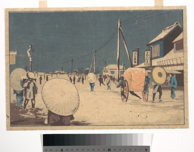 Straßenszene am Stadtrand von Edo an einem Winterabend 作： 小林清親