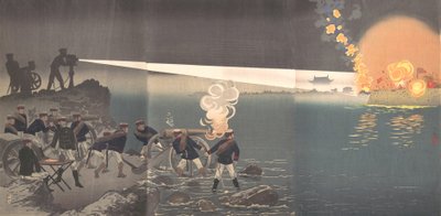 19 世紀後半、韓国、ビンヤンへの攻撃時の電灯の使用。 作： Kobayashi Kiyochika