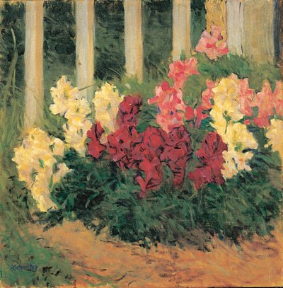 庭の柵の前の花たち...（油彩・キャンバス） 作： コロマンモーザー