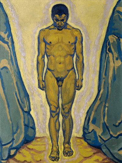 岩の間に立っている男性の裸体、c. 1915年。 作： Koloman Moser