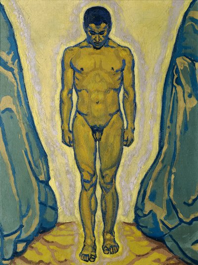 岩の間で裸で立っている 作： Koloman Moser