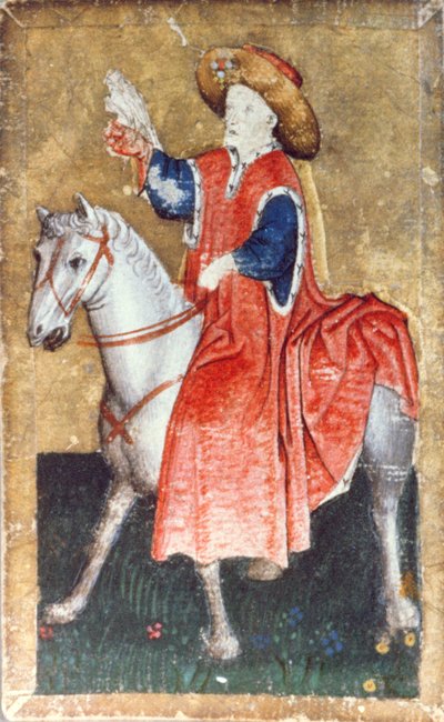 マウントされた鷹匠、宮廷鷹のシーンを描いたトランプセットの1つ、アッパーラインエリア、c.1440-45（ペンとインク、トイレ）（87698と88300-03も参照） 作： Konrad Witz