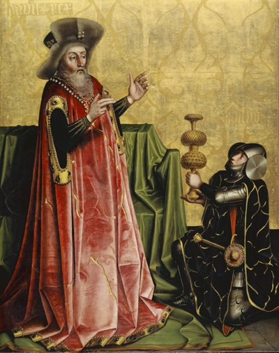 Heilspiegelの祭壇画のDavidの前のAbischai、c.1435（オーク材のパネルのミクストメディア） 作： Konrad Witz