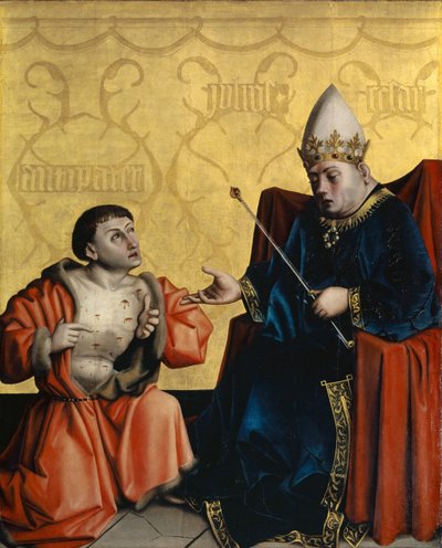 Heilspiegelの祭壇画からのJuilus Caesarの前にひざまずくアンチパターン、c.1435（オークパネルのミクストメディア） 作： Konrad Witz