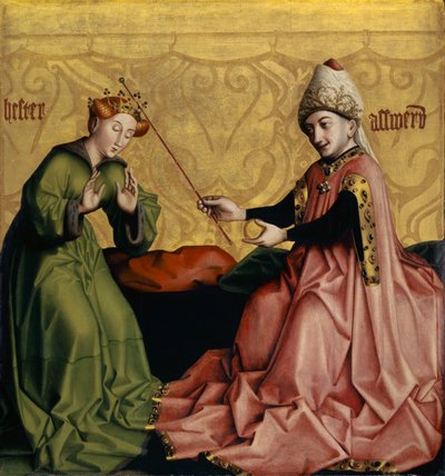 ハイルシュピーゲルの祭壇画からのアハシュエロスの前のエステル、c.1435（オーク材のパネルのミクストメディア） 作： Konrad Witz