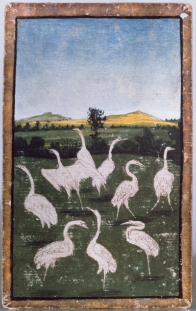 宮廷鷹のシーンを描いたトランプのセットの1つであるフィールドのサギ、アッパーラインエリア、c.1440-45（ペンとインク、トイレ）（88300-04も参照） 作： Konrad Witz