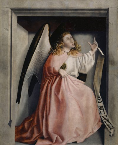 ハイルシュピーゲルの祭壇画からの受胎告知の天使、1435年頃（オーク材パネルのミクストメディア） 作： Konrad Witz