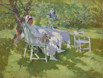 庭に座っている白い貴婦人 作： Konstantin Alekseevich Korovin