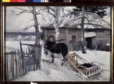 冬（ウィンター）。 雪の下の田舎の木造家屋の庭にある馬車。 Konstantin Alexeyevich Korovin（Constantin Korovin）（1861-1939）による絵画、キャンバスに油彩 作： Konstantin Alekseevich Korovin