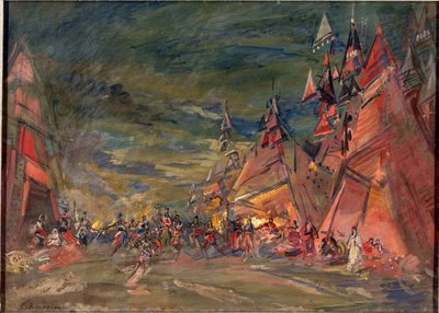 Polovtsians（またはクーマン、クーマン）の軍事キャンプ。 アレクサンドル ボロディン (ボロディン) (1833-1887) によるオペラ「イーゴリ公」の準備装飾。 コンスタンチン アレクセイヴィッチ コロビン (コンスタンチン コロビン) (1861-1939) の作品、ボール紙に油彩 作： Konstantin Alekseevich Korovin
