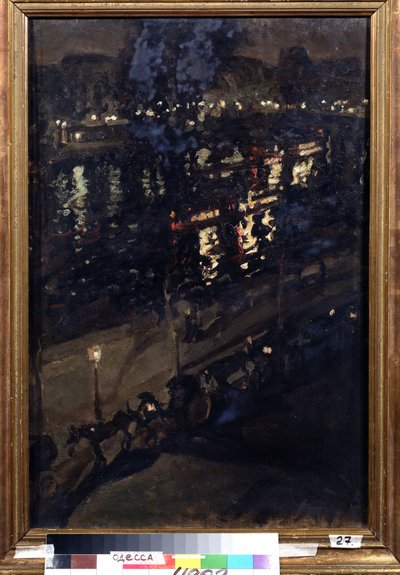 夜のパリ（夜のパリ）。 馬車のあるセーヌ川岸壁と、水面に映る街の明かりの眺め。 Konstantin Alexeyevich Korovin (Constantin Korovin) (1861-1939) による絵画、キャンバスに油彩、ラス アート 作： Konstantin Alekseevich Korovin