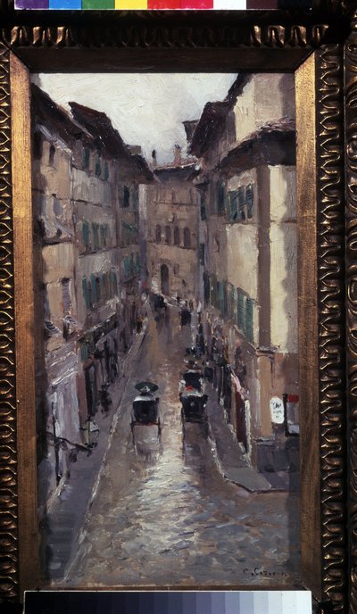 フィレンツェの雨 (フィレンツェの雨)。 トスカーナ (イタリア) の街の中世の中心の通りの説明。 Konstantin Alexeyevich Korovin（Constantin Korovin）（1861-1939）による絵画、キャンバスに油彩 作： Konstantin Alekseevich Korovin