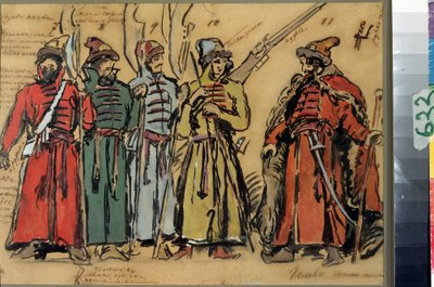 モデスト・ムソルグスキー（1839-1881）によるオペラ「ホヴァンシチナまたはホヴァンスキー王子」の衣装デザイン（M.ムソルグスキーによるオペラ「ホヴァンシチナ」の衣装デザイン）。 Konstantin Alexeyevich Korovin (Constantin Korovin) (1861-1939) の作品、水彩、行く 作： Konstantin Alekseevich Korovin
