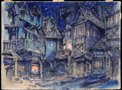 Anton Simon (1851-1916) によるバレエ Esmeralda の舞台デザイン (A.Simon によるバレエ Esmaralda の舞台デザイン)。 コンスタンチン・アレクセイヴィッチ・コロビン（コンスタンチン・コロビン）（1861-1939）の作品、ダンボールにテンペラ 作： Konstantin Alekseevich Korovin