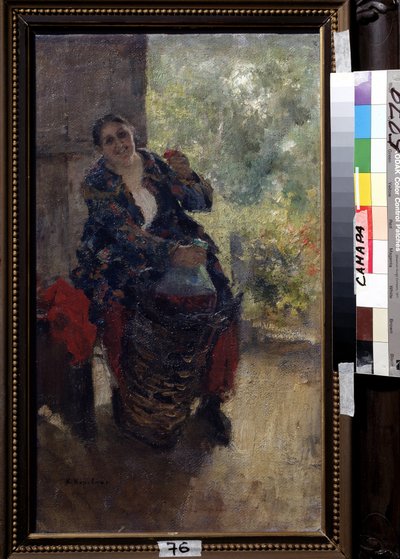 グラス オブ ワインを持った女将または女性 (A Landlady、Woman with a Glass of Wine)。 力強く座った女性がグラスを持ち上げて乾杯し、巨大なワインのボトルを持っています。 Konstantin Alexeyevich Korovin (Constantin Korovin) (1861-1939) による絵画、 作： Konstantin Alekseevich Korovin