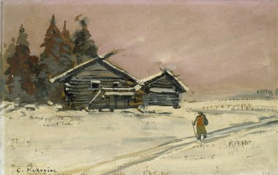 2つの木造の小屋のある冬景色 作： Konstantin Alekseevich Korovin