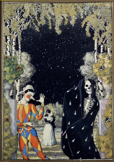 ハーレクインと死 (ハーレクインと死) - コンスタンチン・アンドレエヴィッチ・ソモフ (1869-1939) の作品、紙に水彩とグワッシュ 作： Konstantin Andreevic Somov