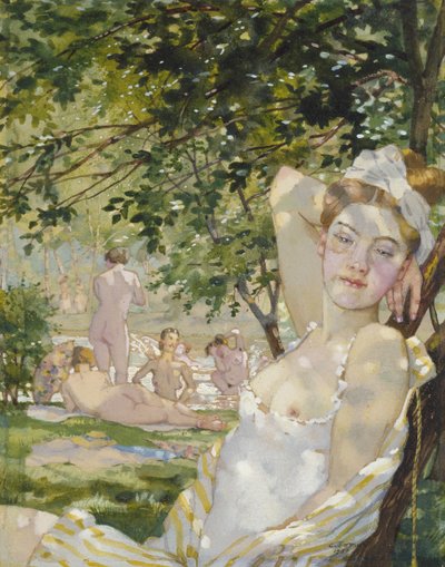 太陽の下での入浴者、1930年（紙に水彩とボディカラー） 作： Konstantin Andreevic Somov