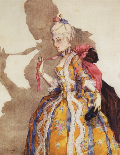 Costume pour marquise, interpretee par Tamara Karsavina (1885-1978) - 侯爵夫人役のTamara Karsavinaの衣装デザイン。音楽：モーツァルト - Konstantin Andreyevich Somov (1869-1939).水彩画、ガッシュ、紙 作： Konstantin Andreevic Somov