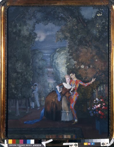 ハーレクインと婦人、1912年（段ボールにトイレとガッシュ） 作： Konstantin Andreevic Somov