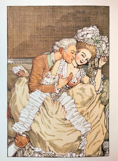 Franz Bleiによる「Le Livre de la Marquise」のイラスト（Franz BleiによるMarquiseの本のイラスト）（せっかちな恋人と冗談を言う侯爵夫人） - Konstantin（Constantin）Andreyevich Somov（1869-1939）による作品、エッチング 作： Konstantin Andreevic Somov