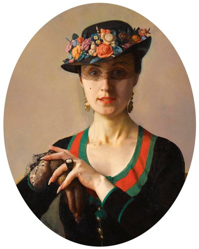 「女性の肖像」 花柄の帽子をかぶり、ベールをかぶっている コンスタンチン・ソモフ（1869-1939）の作品 作： Konstantin Andreevic Somov