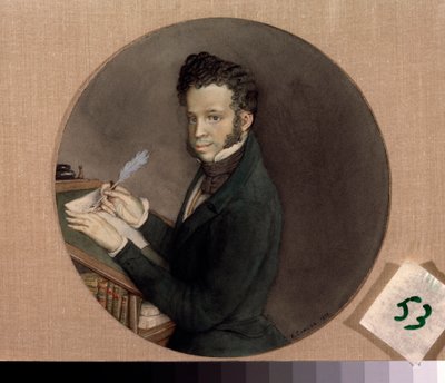 作家アレクサンドル プーシキン (プーシキン) (1799-1837) の肖像画。 コンスタンチン (コンスタンチン) アンドレエヴィッチ ソモフ (1869-1939) の作品、紙に水彩 作： Konstantin Andreevic Somov