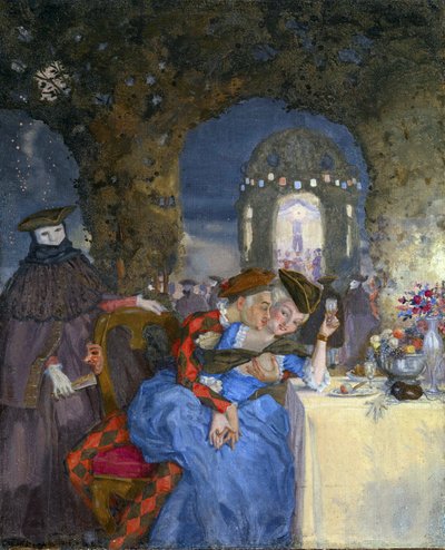 "ランデブー" 仮面をつけた人物に見守られながら、夏のパーティで談笑するカップル Konstantin Somov (1869-1939) による絵画 - 1918年頃 - 油彩・キャンバス Dim 27x22 cm プライベート・コレクション 作： Konstantin Andreevic Somov