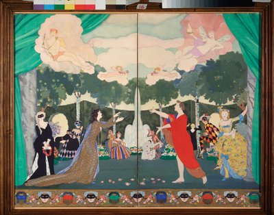 モスクワの自由劇場のカーテンのデザイン - コンスタンチン (コンスタンチン) アンドレエヴィチ ソモフ (1869-1939) の作品、紙に水彩 作： Konstantin Andreevic Somov