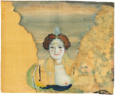 向こうに庭を持つ若い女性。 作： Konstantin Andreyevich Somov