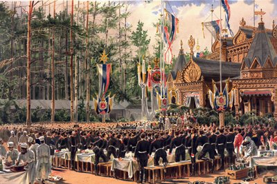 ロシア皇帝アレクサンドル3世（1845-1894）と皇后マリア・フェオドーロヴナ（デンマークのダグマー）（1847-1928）の戴冠式アルバム - ソコルニキでの戴冠式の祝宴（戴冠式アルバムより） by Konstantin Apollonovich Savitsky 作： Konstantin Apollonovich Savitsky
