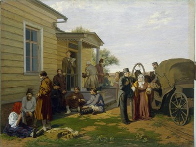 Juge de paix (Justice of the Peace). Batiment de la cour de justice dans la campagne russe, des paysans patientent en bavardant, des juristes s