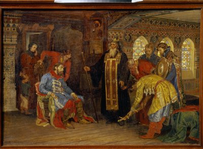 ドミトリー・ポジャルスキー王子 (1577-1642) がモスクワ解放軍を指揮するよう招待された。 （モスクワの解放のために軍隊を支配するようにとのポジャルスキー王子の招待）。 ロストフのイレナーコスの祝福を受け、王子 作： Konstantin Apollonovich Savitsky