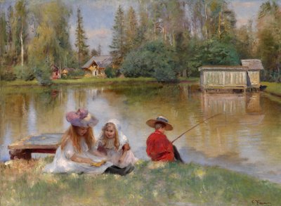 湖のほとりの子供たち-マコフスキー、コンスタンチン・イェゴロヴィッチ 作： Konstantin Egorovich Makovsky
