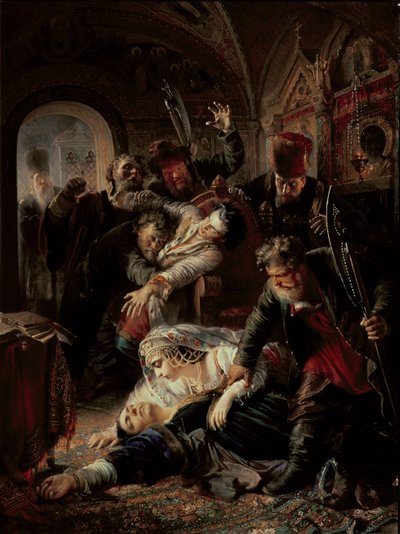 雇われた暗殺者が皇帝ボリス・フョードロヴィチ・ゴドゥノフの息子を殺害 作： Konstantin Egorovich Makovsky