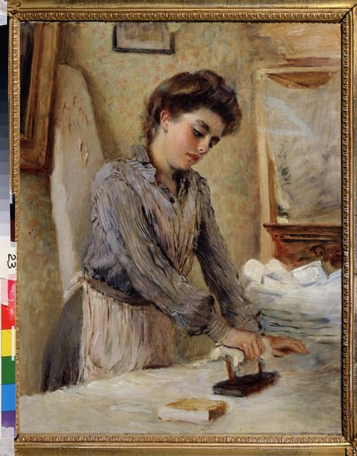 アイロナー - 女性のアイロン。 Konstantin Yegorovich Makovsky (Constantin Makovsky) (1839-1915) による絵画、キャンバスに油彩、1900 年頃。19 世紀後半から 20 世紀初頭のロシア美術。 国立野外博物館、ロストフ クレムリン、ロストフ (ロシア) 作： Konstantin Egorovich Makovsky
