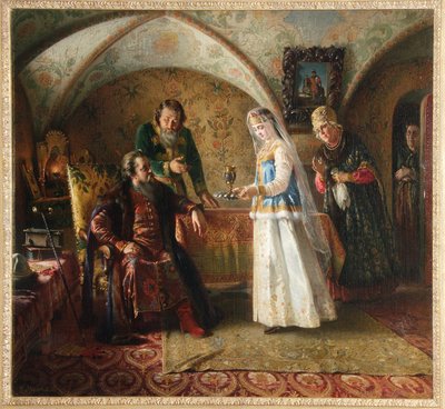 17世紀のロシアのボヤール（boiard、boiar）の日常。 （17世紀のロシアのボヤールの日常生活より）。 モスクワ大公国のドモストロイで、ウェディング ドレスを着た若い女性が夫に贈られます。 彼女 作： Konstantin Egorovich Makovsky