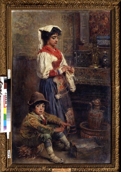 アーティストを待っているモデル。 Konstantin Yegorovich Makovsky (Constantin Makovsky) (1839-1915) による絵画、キャンバスに油彩 作： Konstantin Egorovich Makovsky