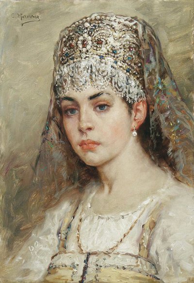 ボヤールの女性の肖像 (boiard, boiar): 彼女はサラファンのドレスを着て、伝統的な髪型であるココシニクを頭にかぶっている - Konstantin Yegorovich Makovsky (Constantin Makovski) による絵画 (1839-1915) 作： Konstantin Egorovich Makovsky
