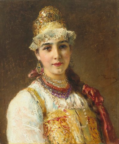 ボヤールの女性の肖像 (boiard, boiar): 彼女はサラファンのドレスを着て、伝統的な髪型であるココシニクを頭にかぶっている - Konstantin Yegorovich Makovsky (Constantin Makovski) による絵画 (1839-1915) 作： Konstantin Egorovich Makovsky