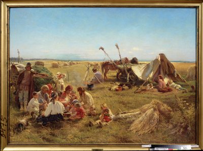 収穫期の農民の食事。 （収穫時の農民の食事）。 Konstantin Yegorovich Makovsky (Constantin Makovsky) (1839-1915) による絵画、キャンバスに油彩 作： Konstantin Egorovich Makovsky